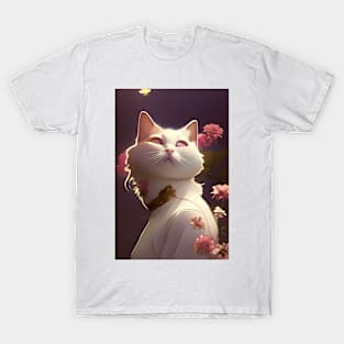 Anime White Cat Surrounded by Pink Flowers T-Shirt